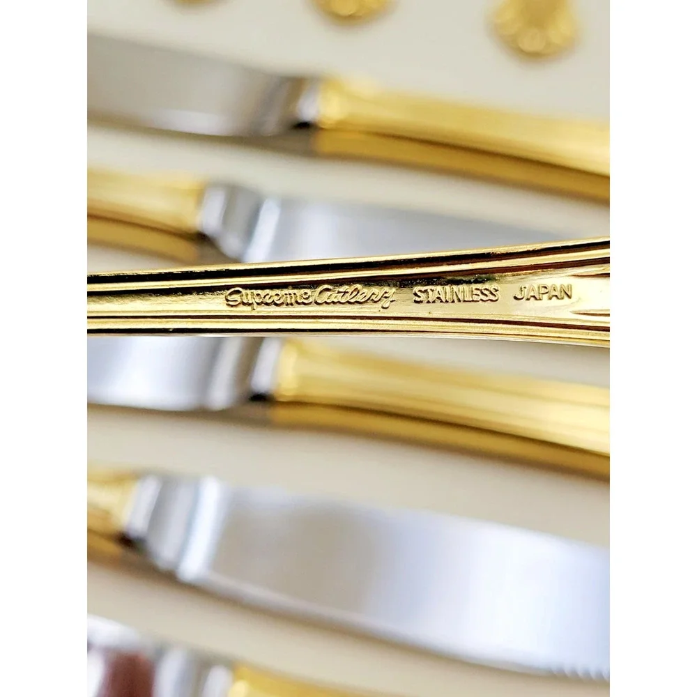 Supreme Cutlery Gold Tone Stainless Japan Flatware Set w/ Wood Case Set of 51